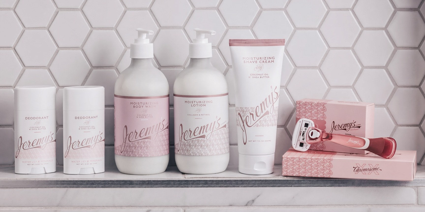 The Jeremy's for Women collection — deodorant, body wash, lotion, shave cream and razor